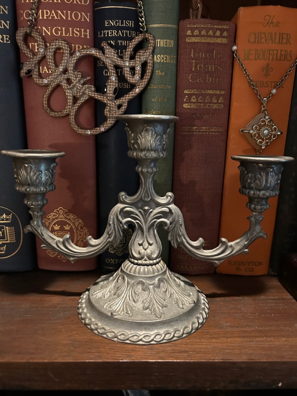 Vintage Baroque-Style Pewter Three-Arm Candelabra - Picture 5 of 6